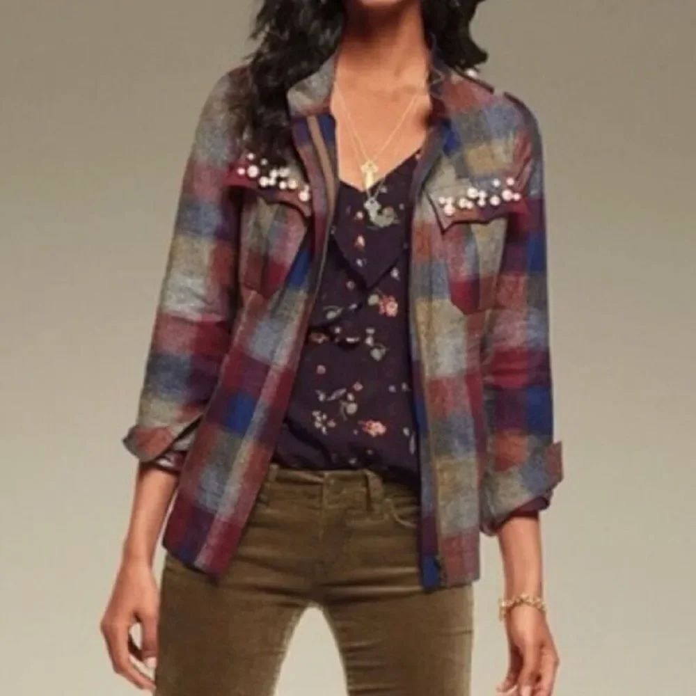 Cabi Plaid Collage Jacket Blazer Pearl Accents Womens Medium